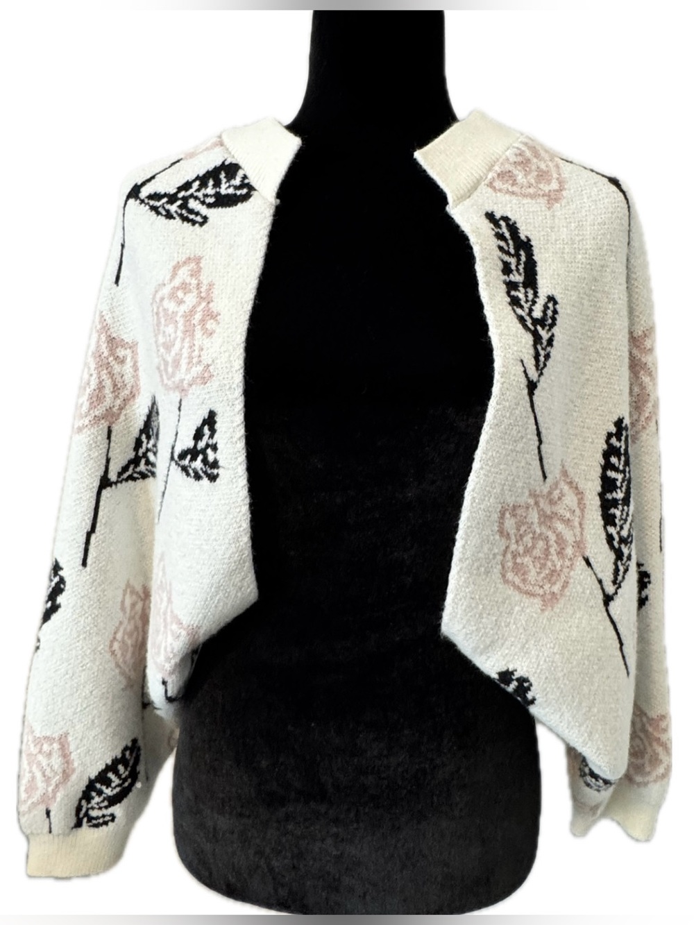 Duchamp Rose & Leaf Cropped Knit Shrug Cardigan S/M Wide Sleeve